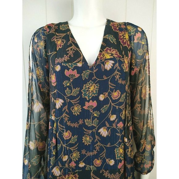BCBGeneration Floral Dress size Small S Gold Thread, Slit Sleeve, BCBGMaxAzria - Picture 3 of 8
